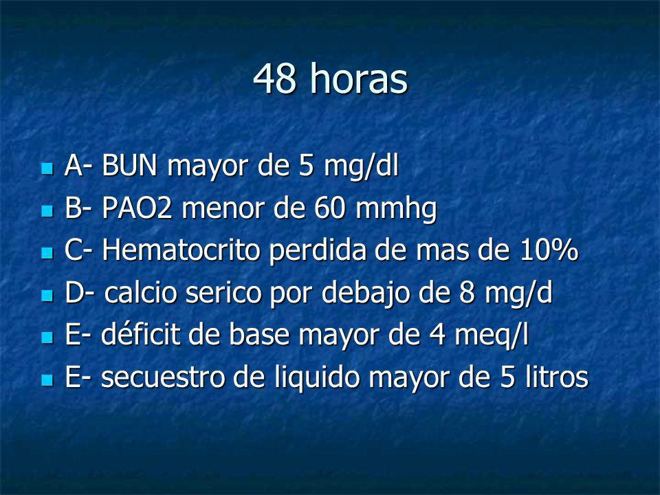 48 horas A- BUN mayor de 5 mg/dl B- PAO2 menor de 60 mmhg