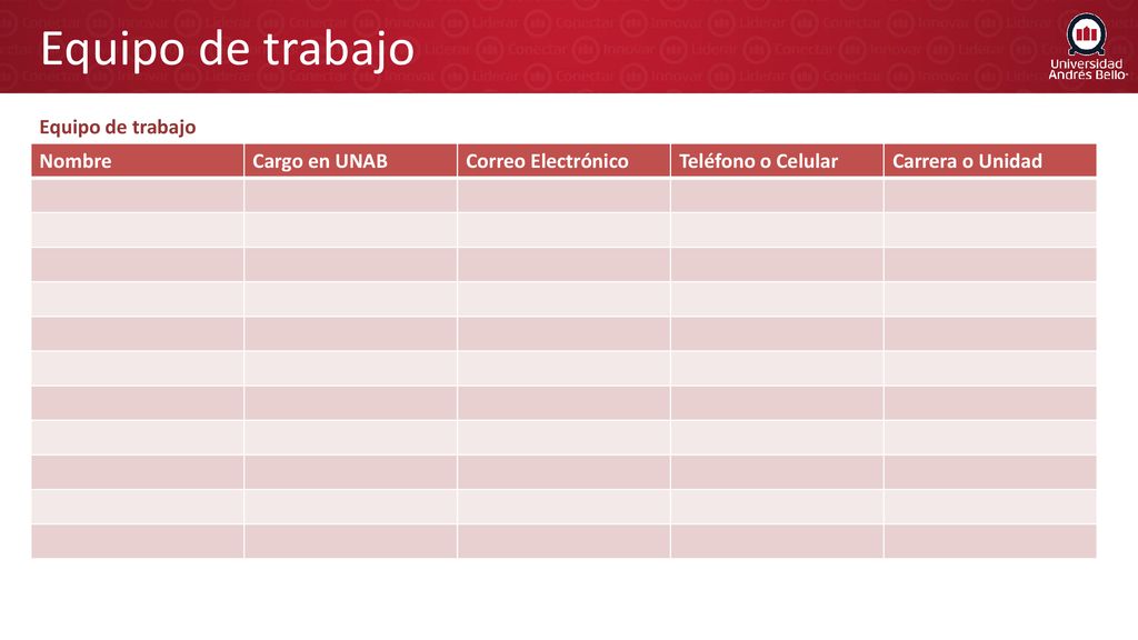 Equipo de trabajo Equipo de trabajo Nombre Cargo en UNAB