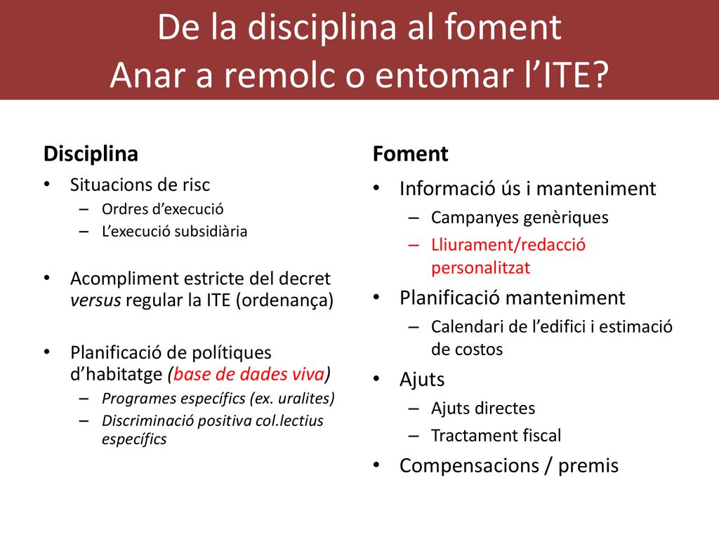 De la disciplina al foment Anar a remolc o entomar l’ITE