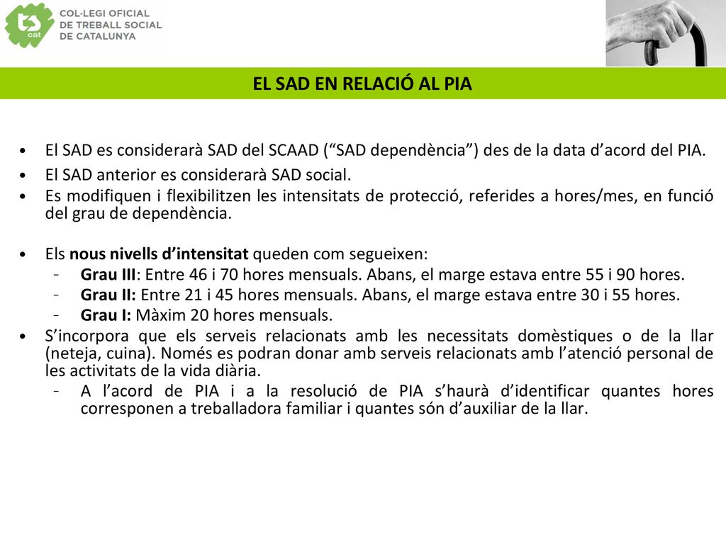 EL SAD EN RELACIÓ AL PIA El SAD es considerarà SAD del SCAAD ( SAD dependència ) des de la data d’acord del PIA.