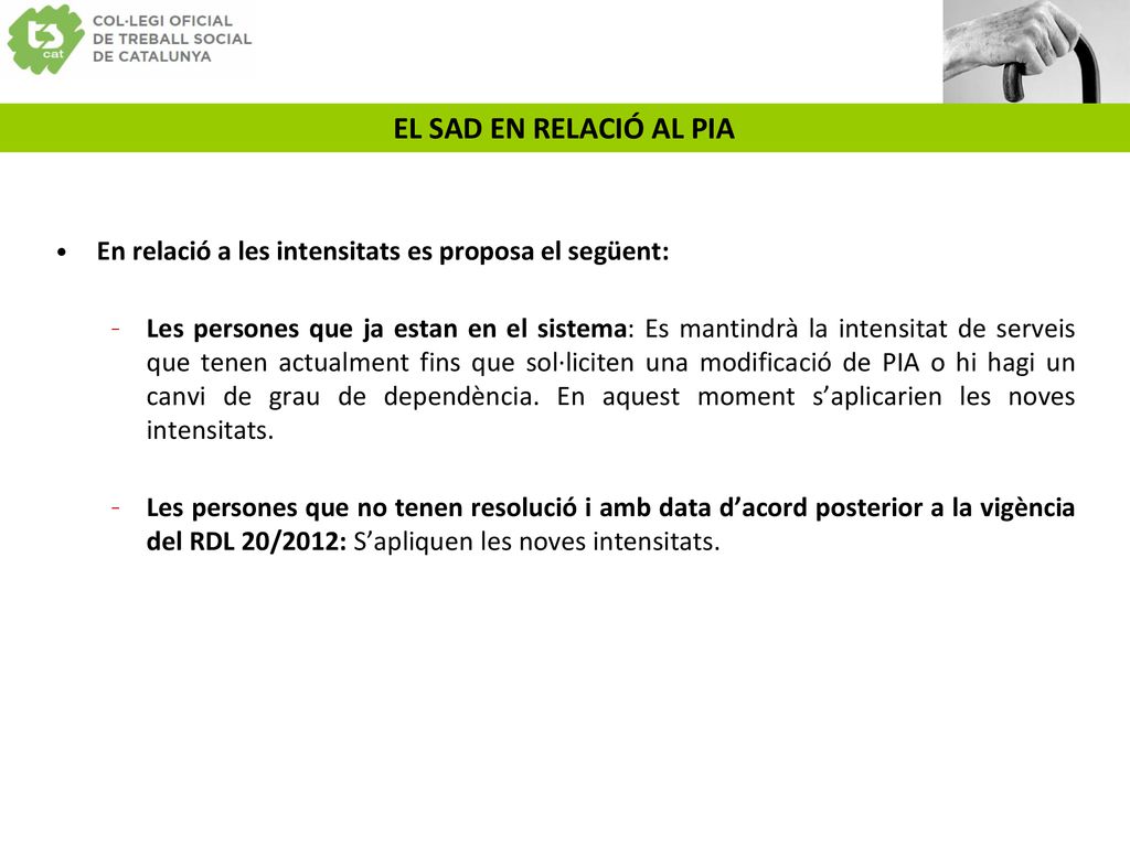 EL SAD EN RELACIÓ AL PIA En relació a les intensitats es proposa el següent: