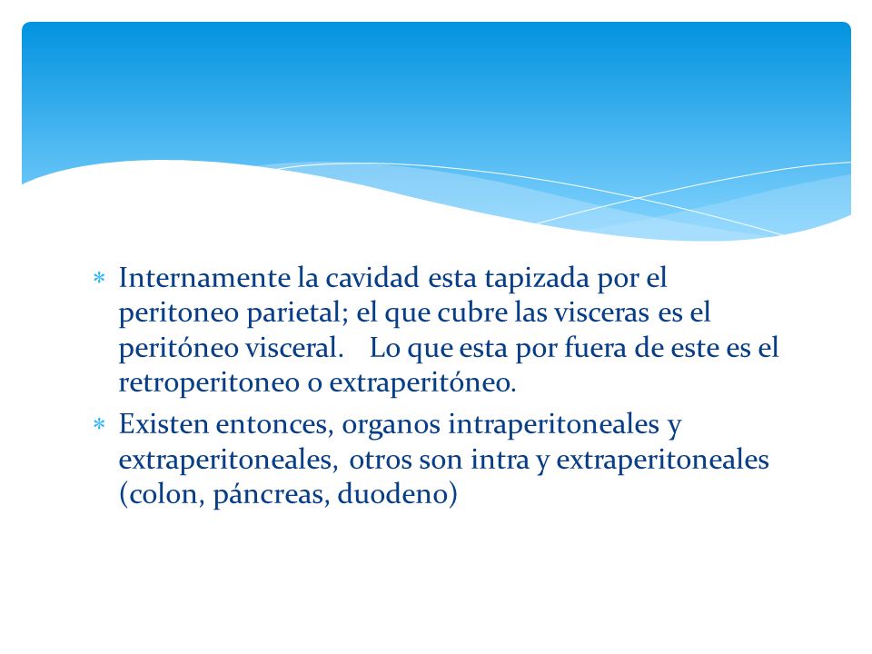 Internamente la cavidad esta tapizada por el peritoneo parietal; el que cubre las visceras es el peritóneo visceral. Lo que esta por fuera de este es el retroperitoneo o extraperitóneo.