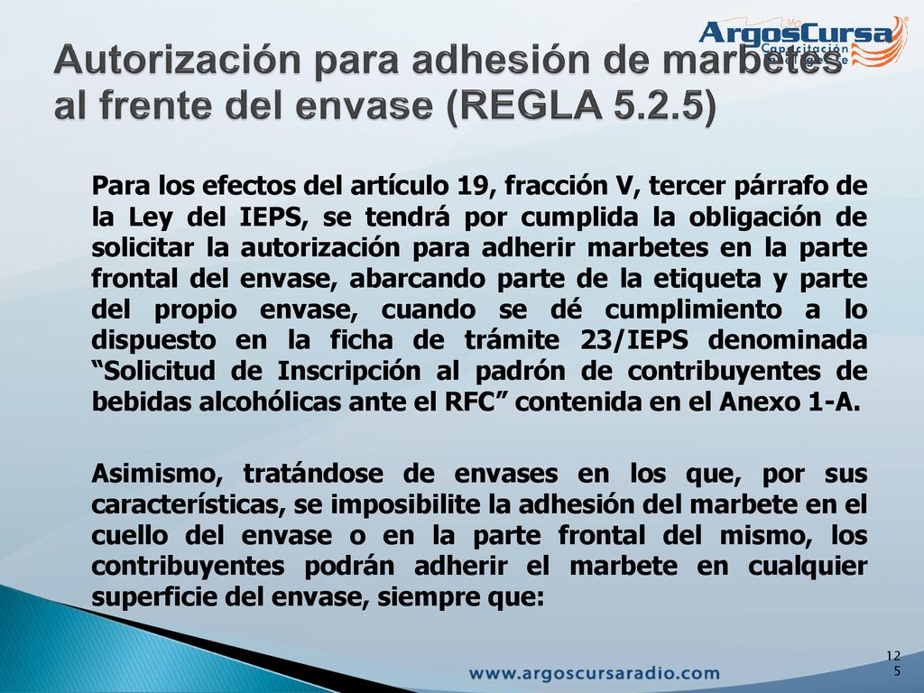 Autorización para adhesión de marbetes al frente del envase (REGLA 5.2.5)