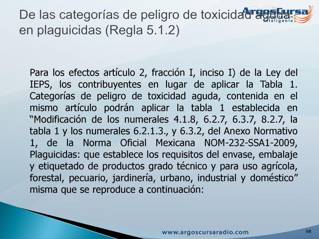 De las categorías de peligro de toxicidad aguda en plaguicidas (Regla 5.1.2)