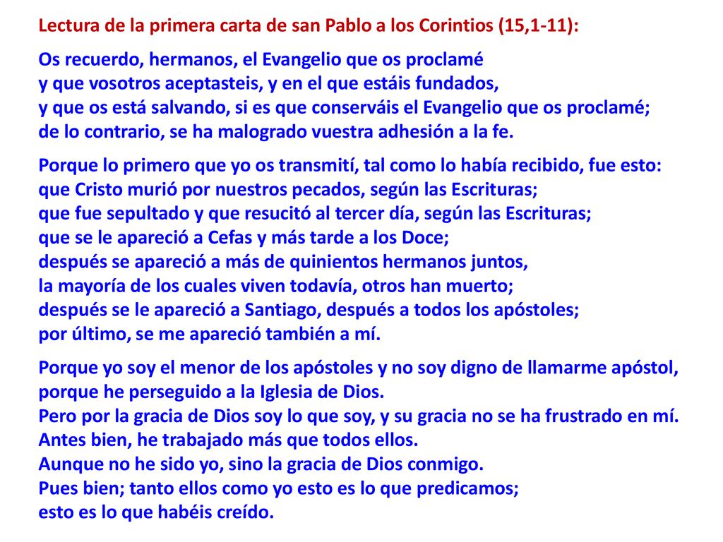 Lectura de la primera carta de san Pablo a los Corintios (15,1-11):