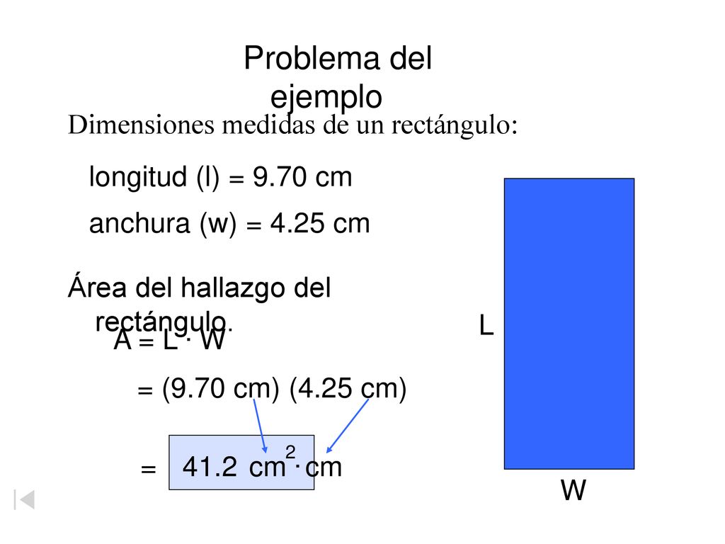 Problema del ejemplo longitud (l) = 9.70 cm anchura (w) = 4.25 cm