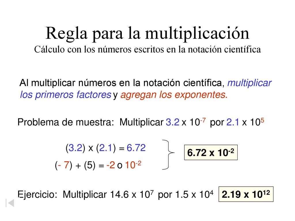 Regla para la multiplicación Cálculo con los números escritos en la notación científica