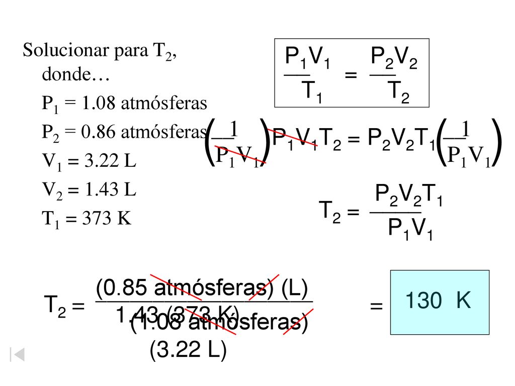 ( ) __ T1 P1V1 = P2V2 T2 1 P1V1 __ P1V1T2 = P2V2T1 T2 = P1V1 ____