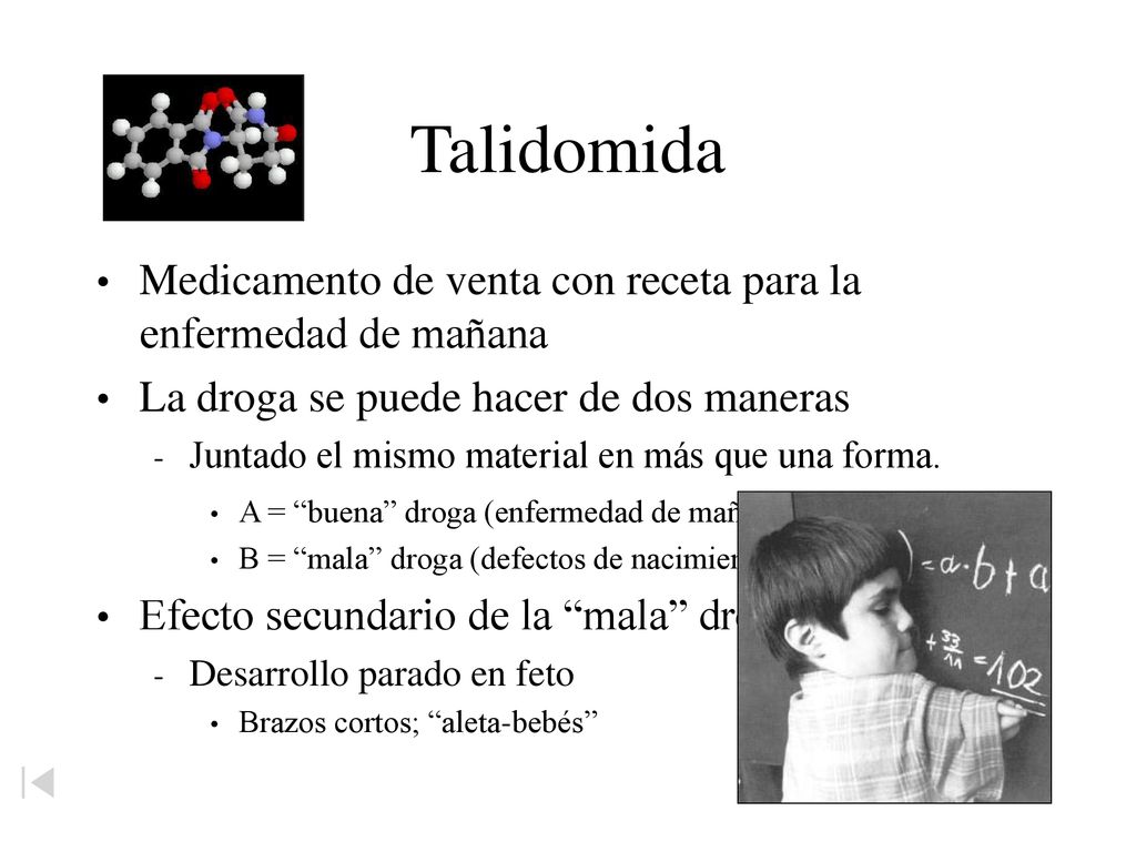 Talidomida Medicamento de venta con receta para la enfermedad de mañana. La droga se puede hacer de dos maneras.
