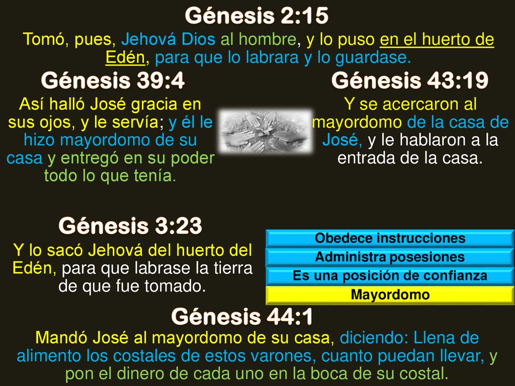 Génesis 2:15 Génesis 39:4 Génesis 43:19 Génesis 3:23 Génesis 44:1