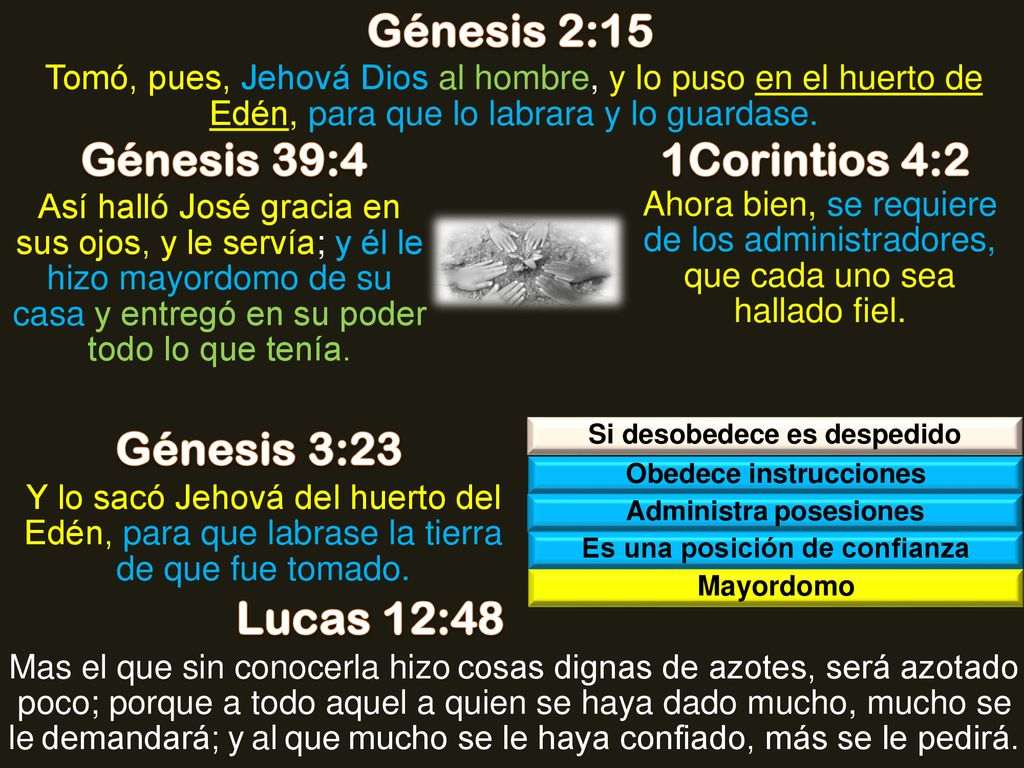Génesis 2:15 Génesis 39:4 1Corintios 4:2 Génesis 3:23 Lucas 12:48