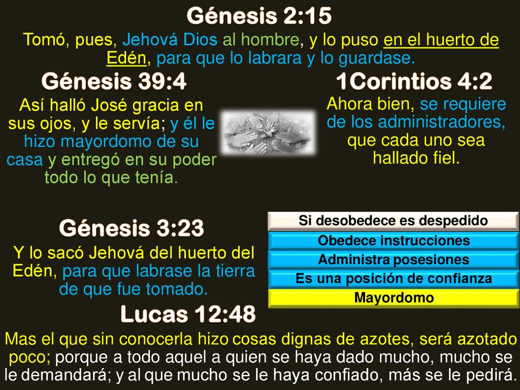 Génesis 2:15 Génesis 39:4 1Corintios 4:2 Génesis 3:23 Lucas 12:48