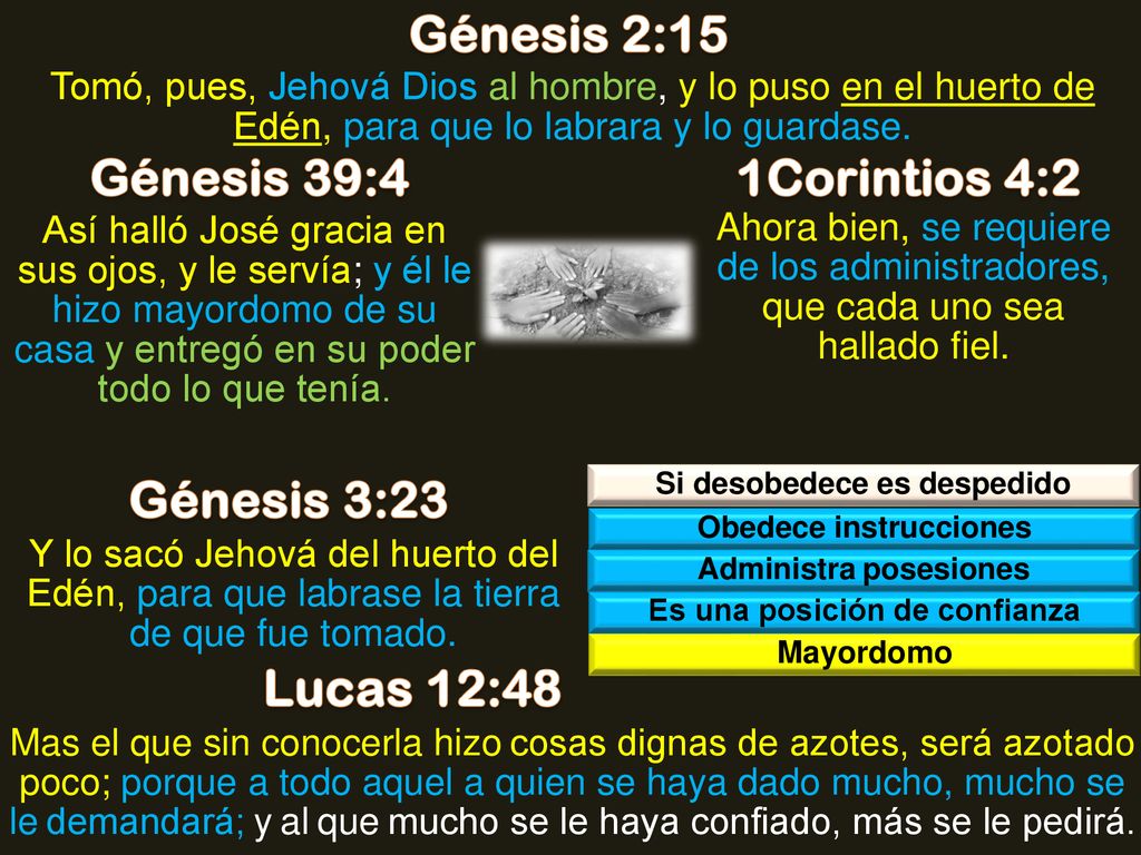 Génesis 2:15 Génesis 39:4 1Corintios 4:2 Génesis 3:23 Lucas 12:48