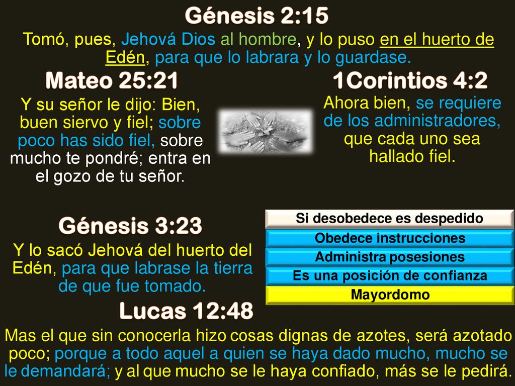 Génesis 2:15 Mateo 25:21 1Corintios 4:2 Génesis 3:23 Lucas 12:48