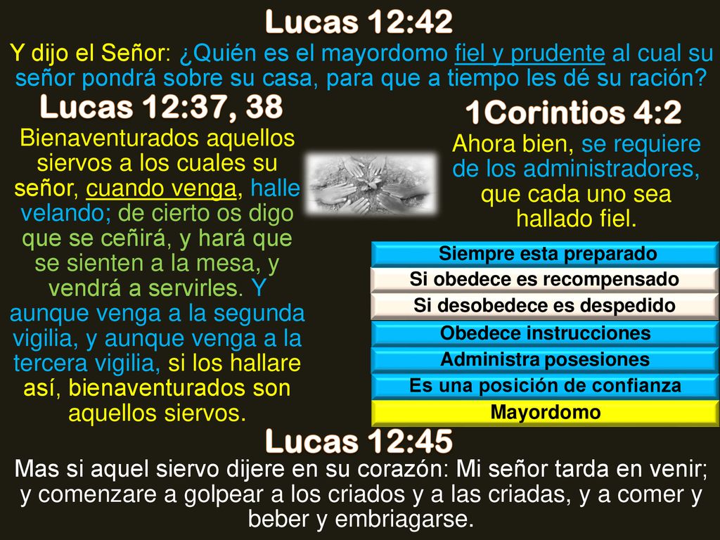 Lucas 12:42 Lucas 12:37, 38 1Corintios 4:2 Lucas 12:45