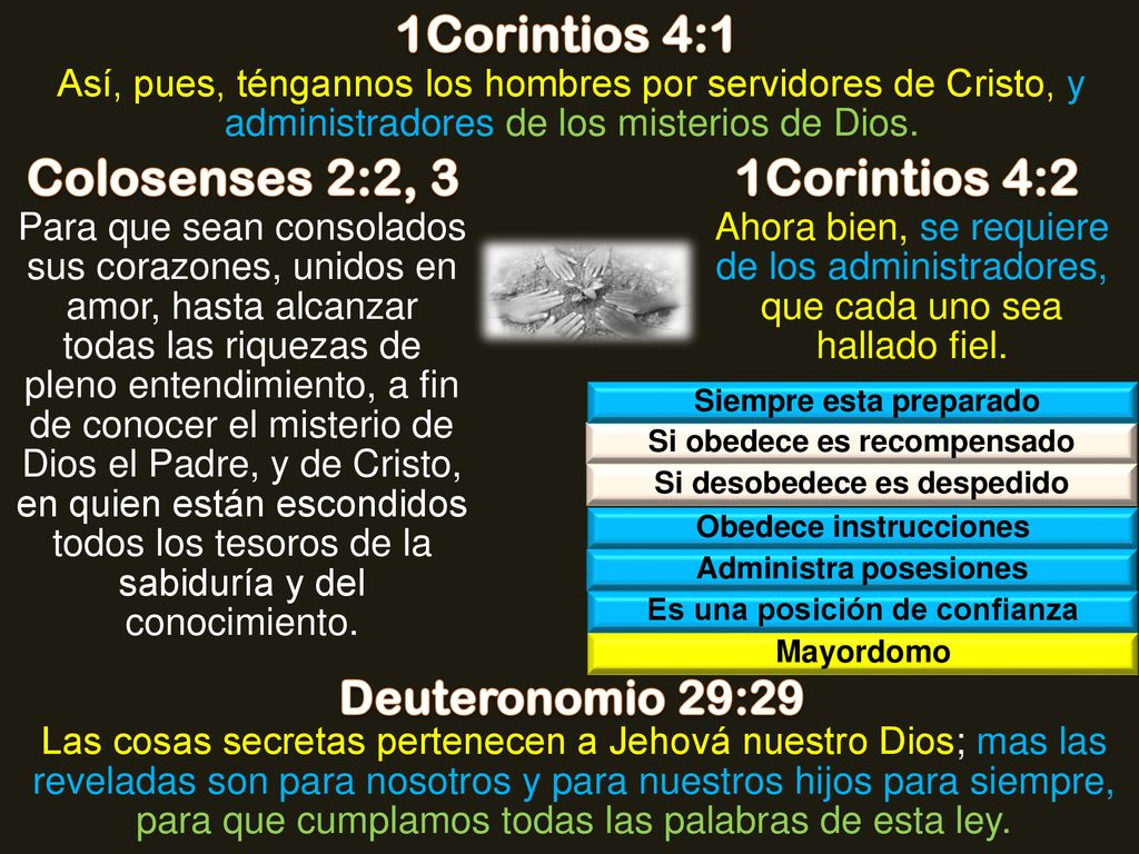 1Corintios 4:1 Colosenses 2:2, 3 1Corintios 4:2