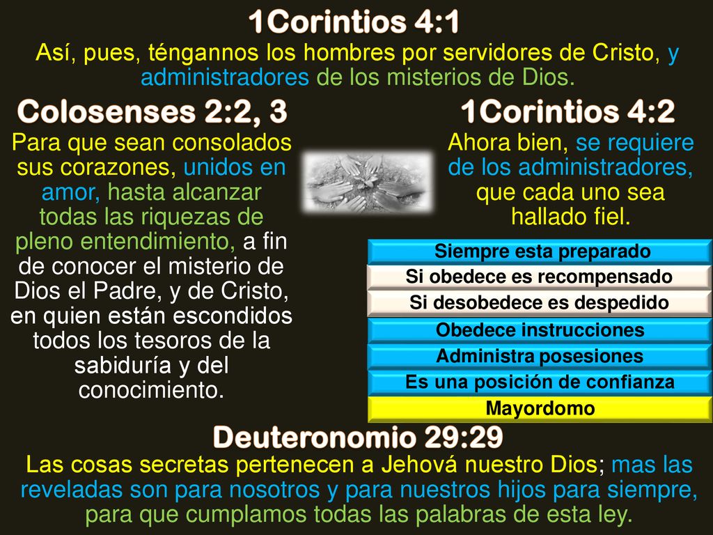 1Corintios 4:1 Colosenses 2:2, 3 1Corintios 4:2