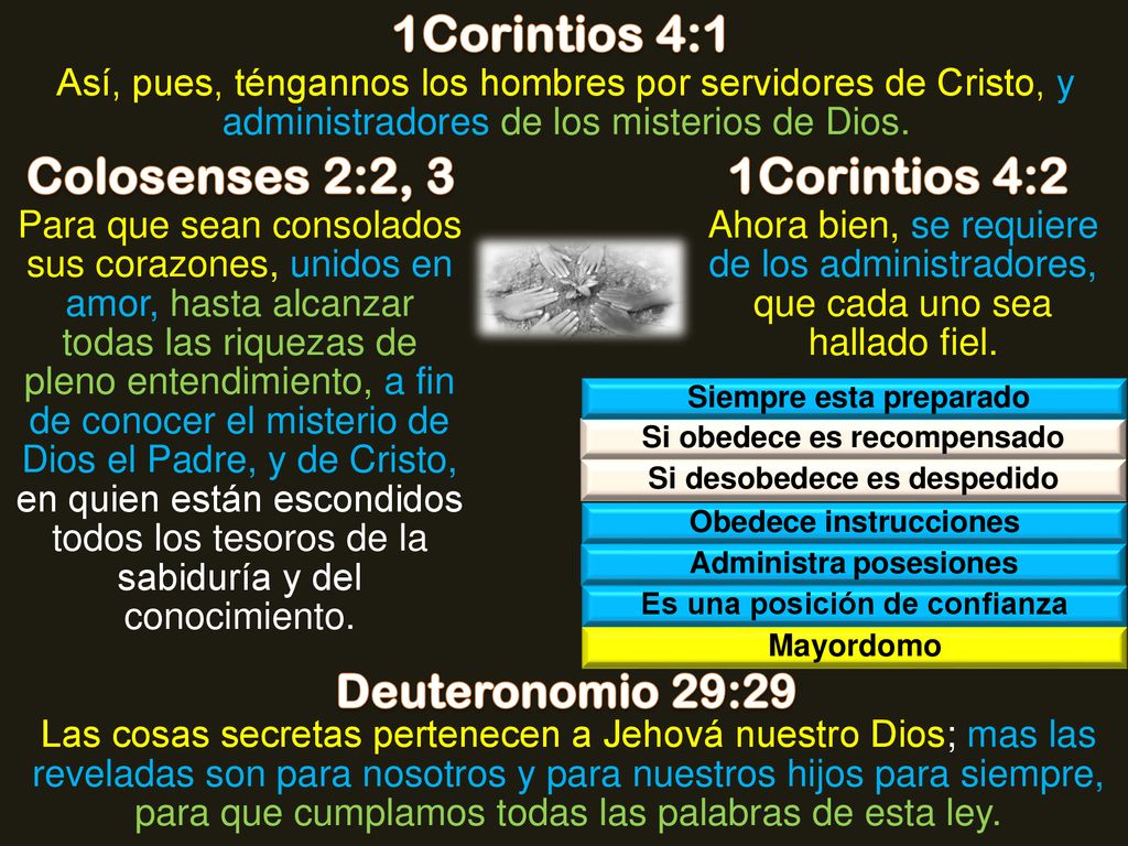 1Corintios 4:1 Colosenses 2:2, 3 1Corintios 4:2