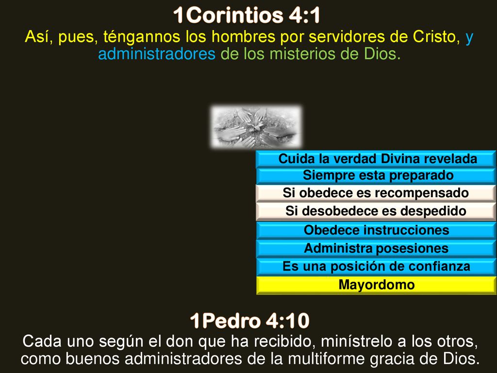 1Corintios 4:1 Así, pues, téngannos los hombres por servidores de Cristo, y administradores de los misterios de Dios.