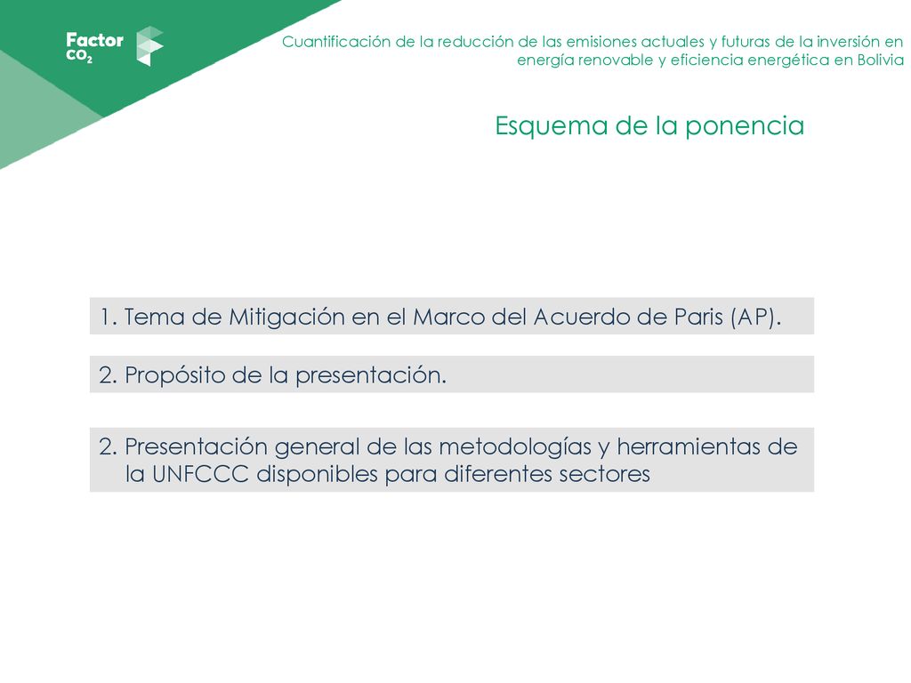 Esquema de la ponencia 1. Tema de Mitigación en el Marco del Acuerdo de Paris (AP). 2. Propósito de la presentación.