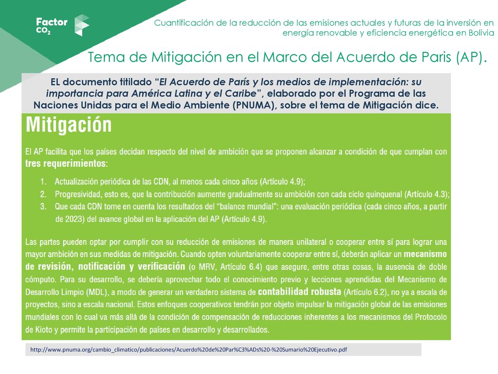 Tema de Mitigación en el Marco del Acuerdo de Paris (AP).