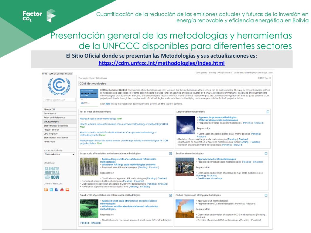 Presentación general de las metodologías y herramientas de la UNFCCC disponibles para diferentes sectores