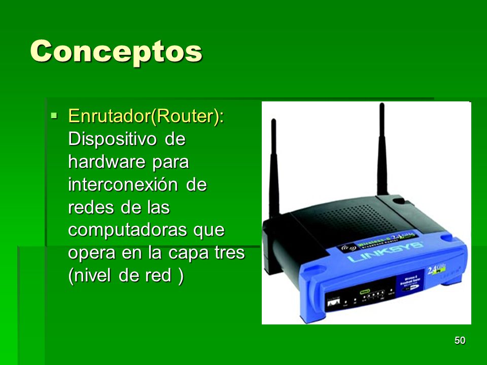 Conceptos Enrutador(Router): Dispositivo de hardware para interconexión de redes de las computadoras que opera en la capa tres (nivel de red )
