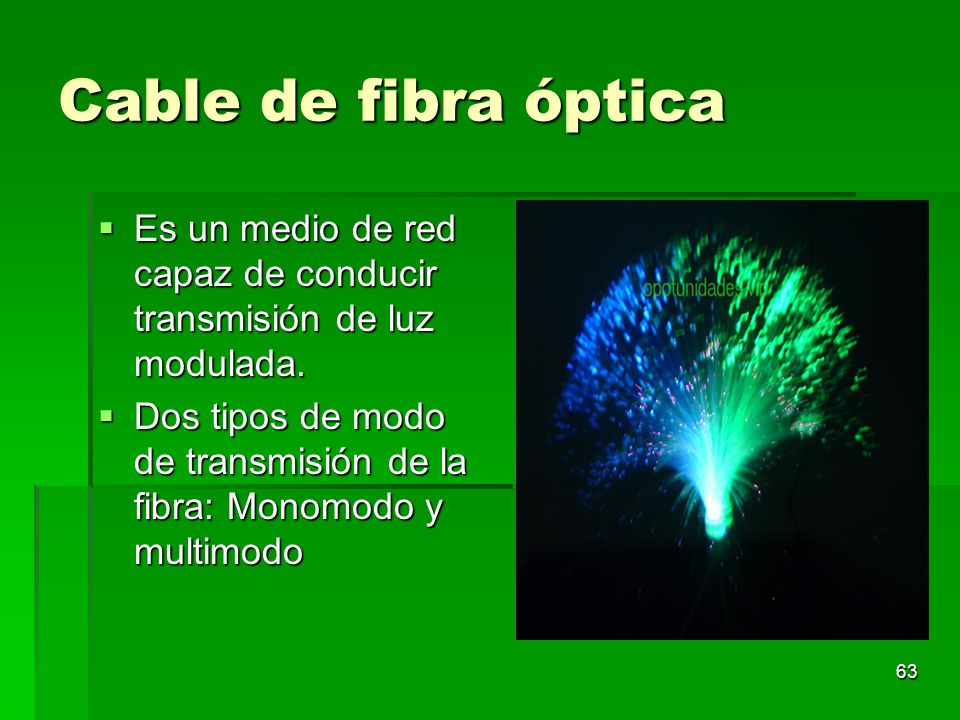 Cable de fibra óptica Es un medio de red capaz de conducir transmisión de luz modulada.