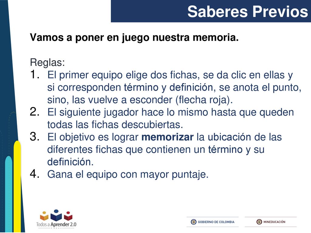 Saberes Previos Vamos a poner en juego nuestra memoria. Reglas: