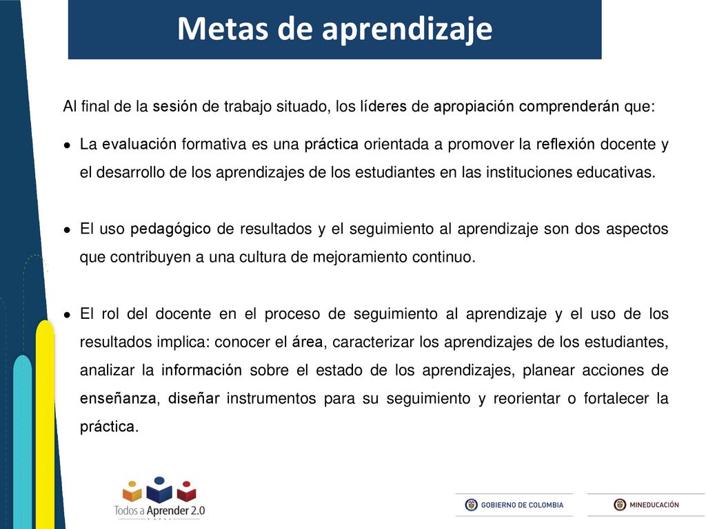 Metas de aprendizaje Al final de la sesión de trabajo situado, los líderes de apropiación comprenderán que: