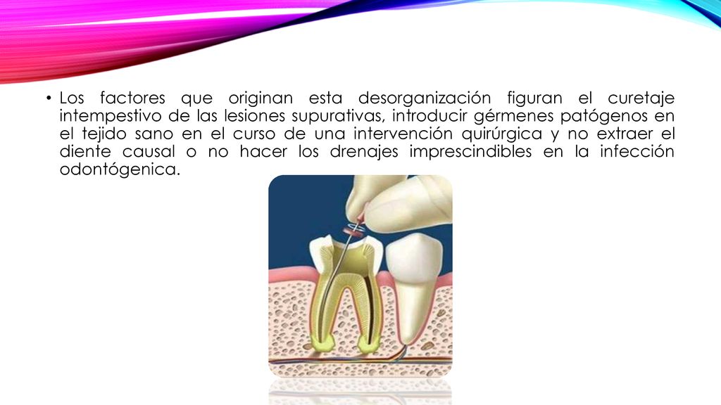 Los factores que originan esta desorganización figuran el curetaje intempestivo de las lesiones supurativas, introducir gérmenes patógenos en el tejido sano en el curso de una intervención quirúrgica y no extraer el diente causal o no hacer los drenajes imprescindibles en la infección odontógenica.