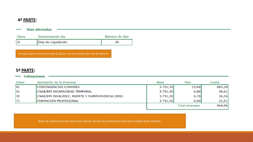 4ª PARTE: En este caso el número de días es 28 por ser una nómina del mes de febrero. 5ª PARTE: