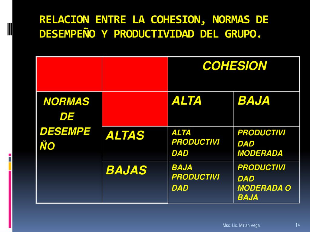 RELACION ENTRE LA COHESION, NORMAS DE DESEMPEÑO Y PRODUCTIVIDAD DEL GRUPO.