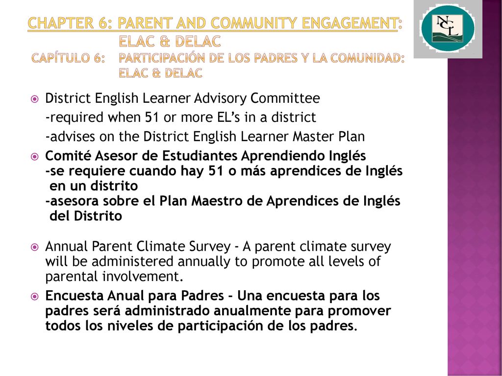 Chapter 6: Parent and Community Engagement:. ELAC & DELAC Capítulo 6: