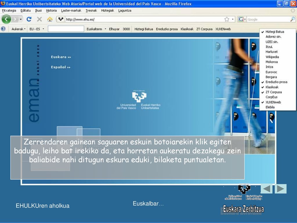 Zerrendaren gainean saguaren eskuin botoiarekin klik egiten badugu, leiho bat irekiko da, eta horretan aukeratu dezakegu zein baliabide nahi ditugun eskura eduki, bilaketa puntualetan.