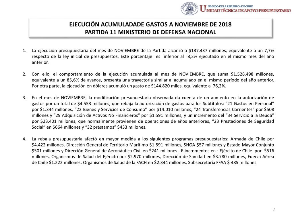 EJECUCIÓN ACUMULADADE GASTOS A NOVIEMBRE DE 2018 PARTIDA 11 MINISTERIO DE DEFENSA NACIONAL