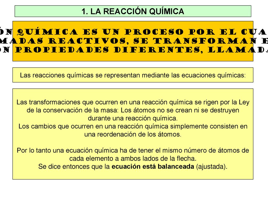 1. LA REACCIÓN QUÍMICA Una REACCIÓN QUÍMICA es un proceso por el cual una o más. sustancias, llamadas reactivos, se transforman en otra u otras.