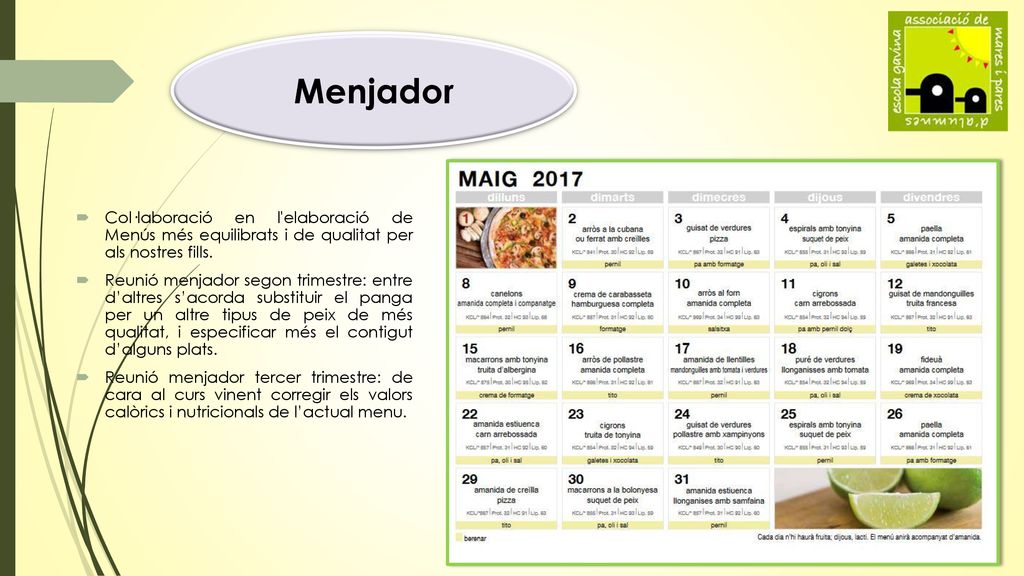 Menjador Col·laboració en l elaboració de Menús més equilibrats i de qualitat per als nostres fills.