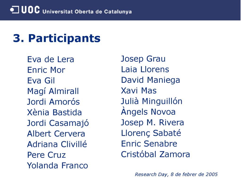 3. Participants Eva de Lera Josep Grau Enric Mor Laia Llorens Eva Gil