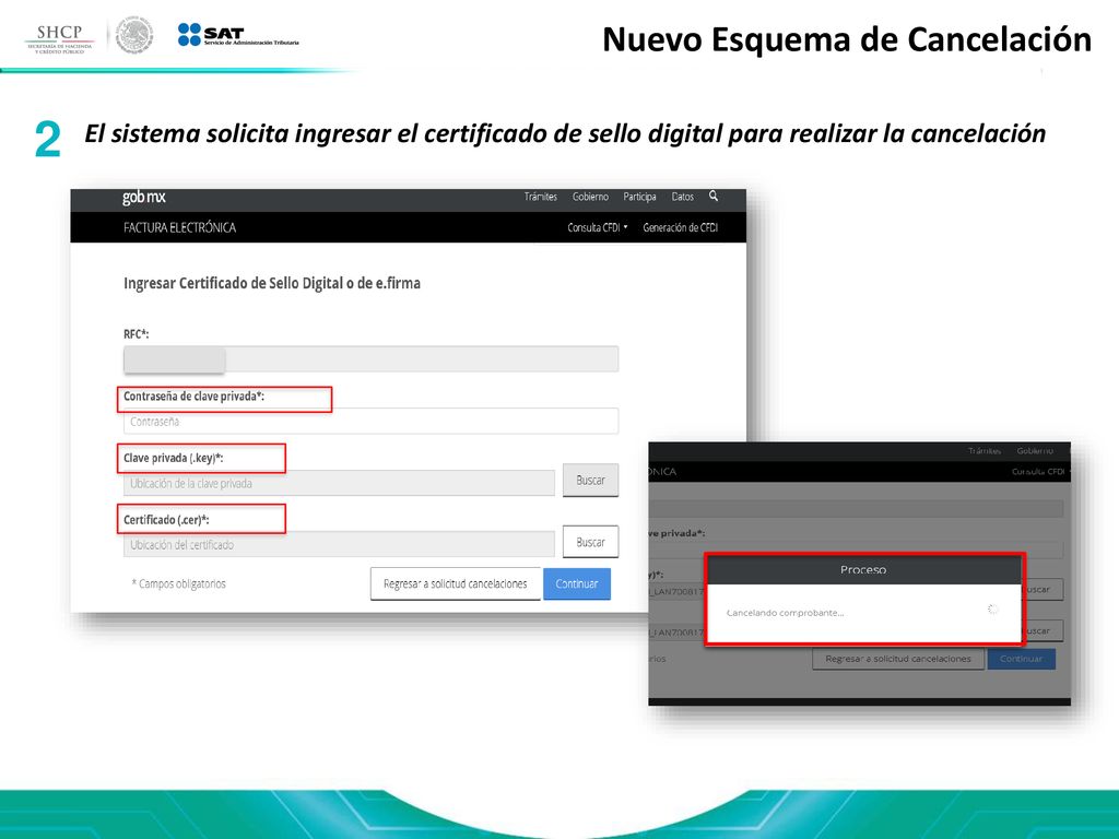 2 El sistema solicita ingresar el certificado de sello digital para realizar la cancelación