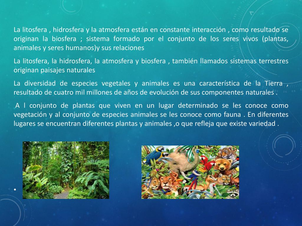 La litosfera , hidrosfera y la atmosfera están en constante interacción , como resultado se originan la biosfera ; sistema formado por el conjunto de los seres vivos (plantas, animales y seres humanos)y sus relaciones
