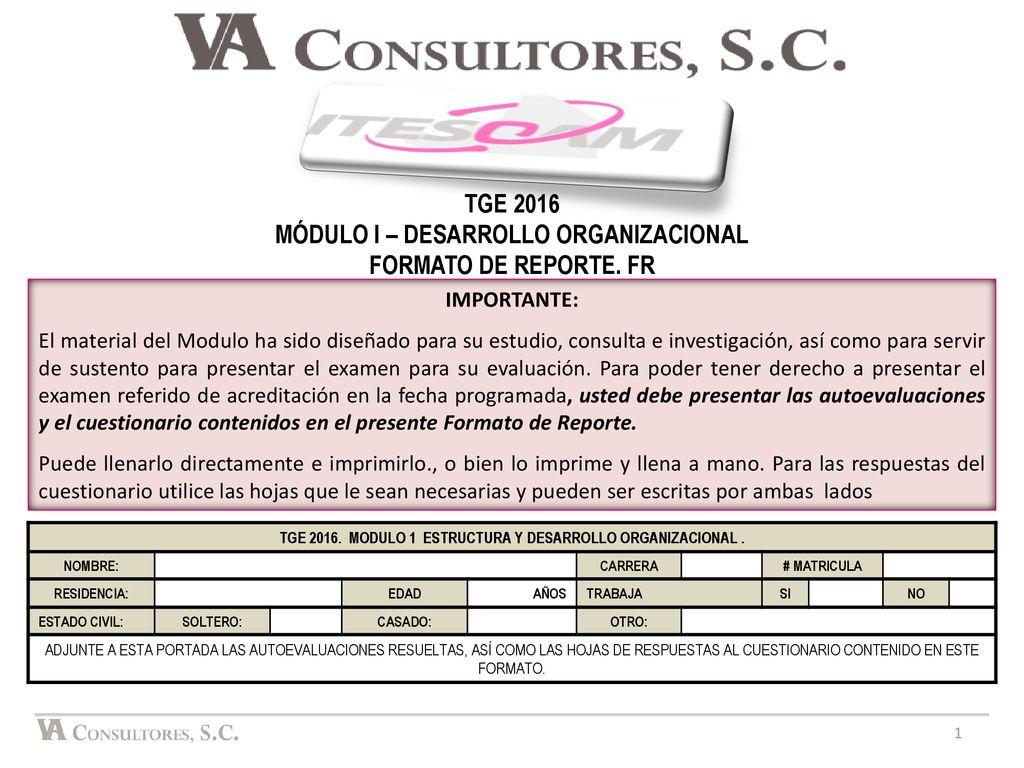 TGE 2016 MÓDULO I – DESARROLLO ORGANIZACIONAL FORMATO DE REPORTE. FR