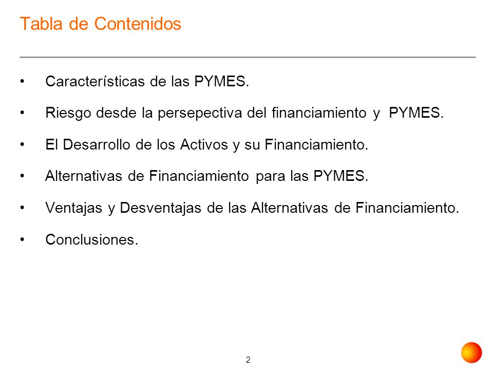 Tabla de Contenidos Características de las PYMES.