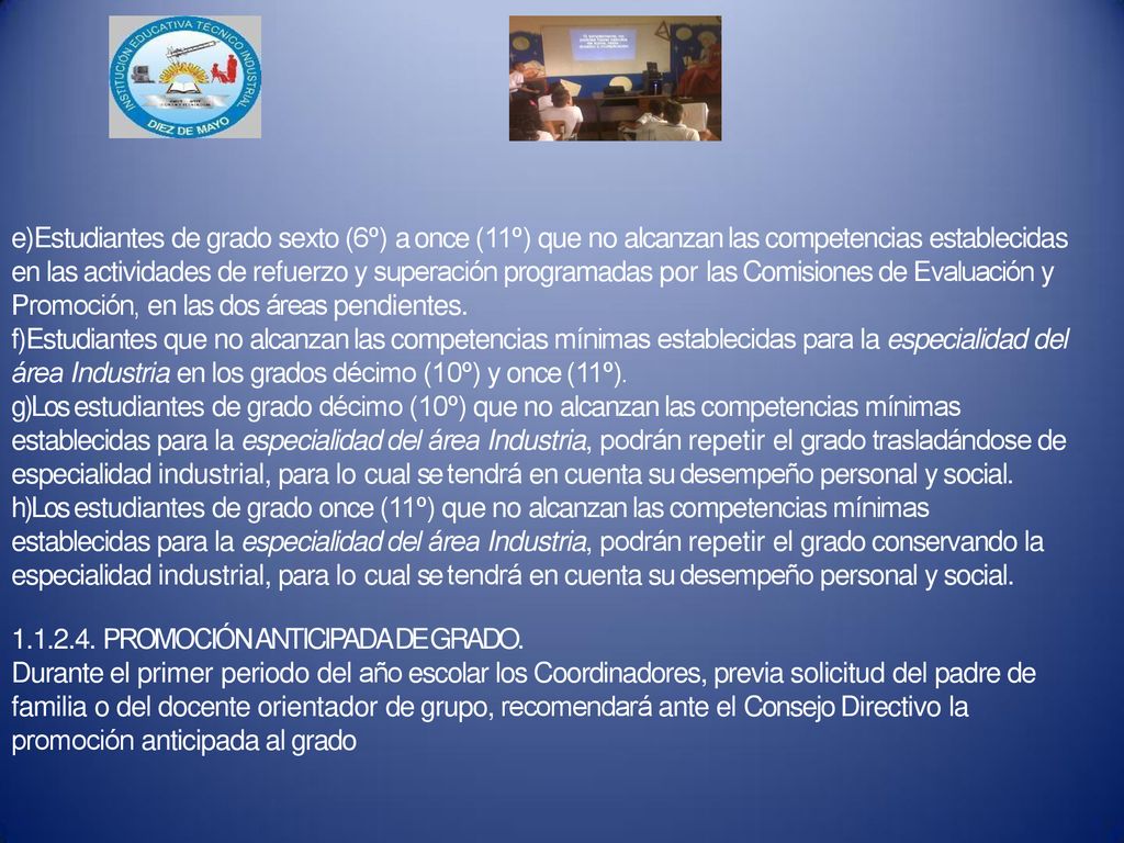 Estudiantes de grado sexto (6º) a once (11º) que no alcanzan las competencias establecidas en las actividades de refuerzo y superación programadas por las Comisiones de Evaluación y Promoción, en las dos áreas pendientes.