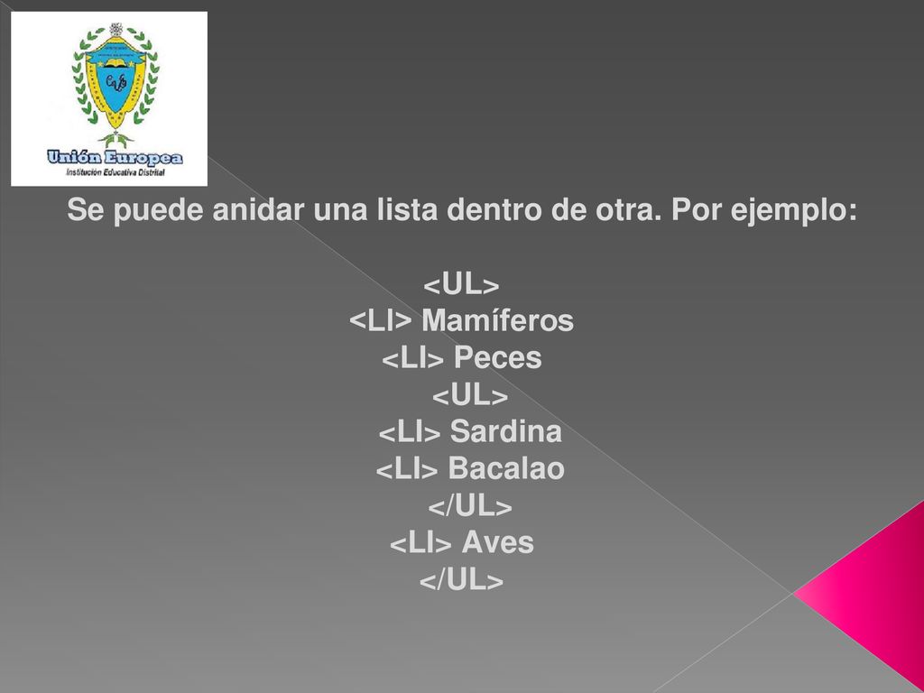 Se puede anidar una lista dentro de otra. Por ejemplo: