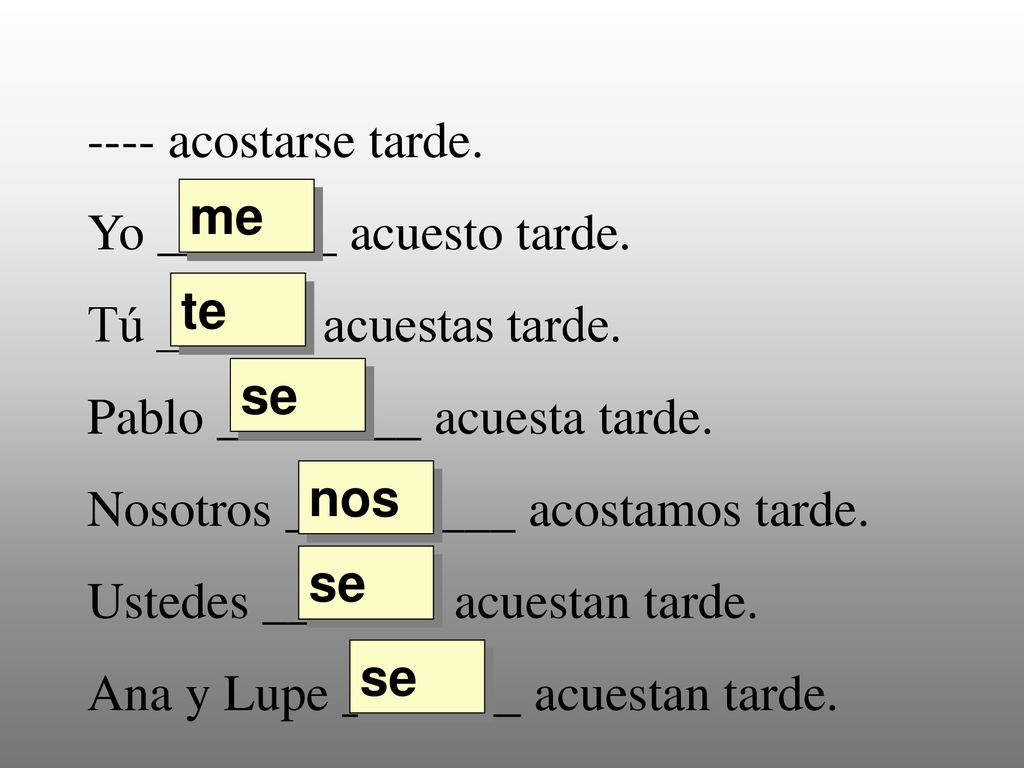 ---- acostarse tarde. Yo _______ acuesto tarde. Tú ______ acuestas tarde. Pablo ________ acuesta tarde.