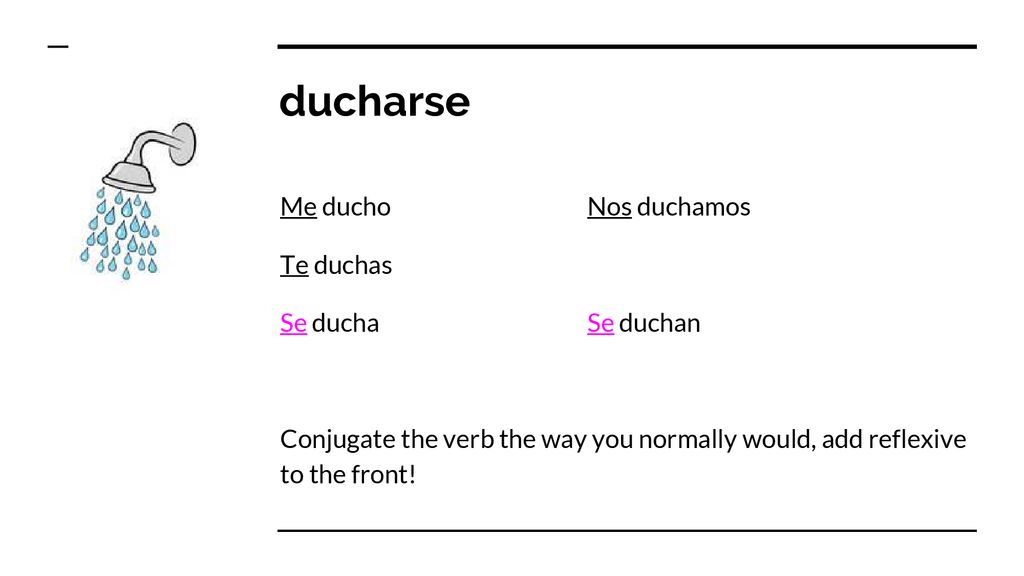 ducharse Me ducho Nos duchamos Te duchas Se ducha Se duchan