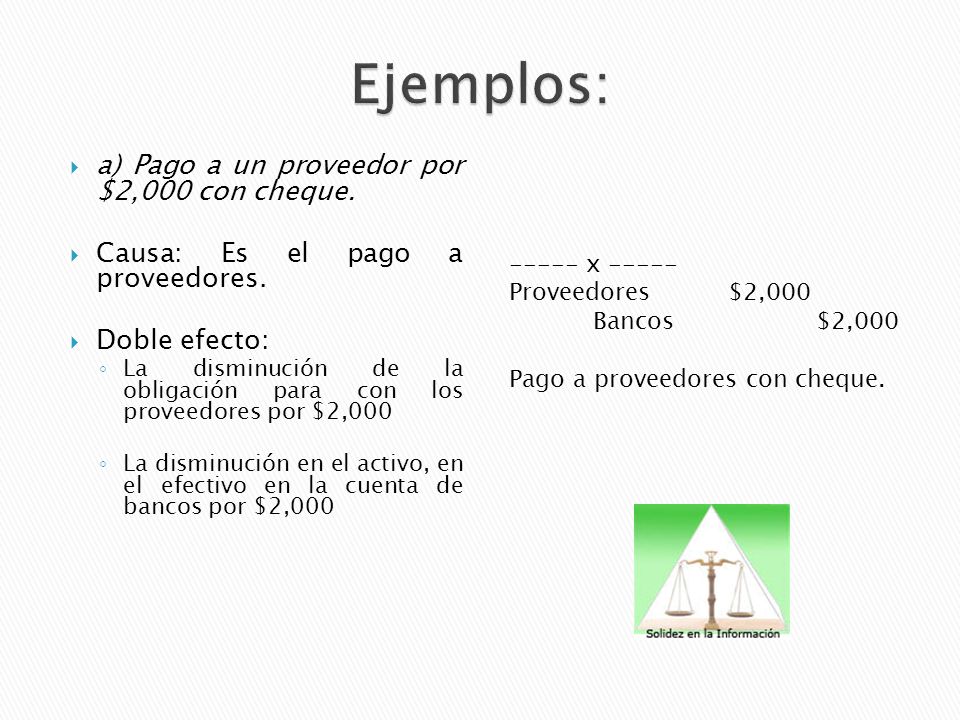 Ejemplos: a) Pago a un proveedor por $2,000 con cheque.