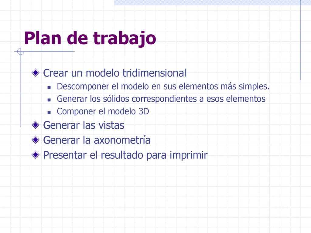 Plan de trabajo Crear un modelo tridimensional Generar las vistas