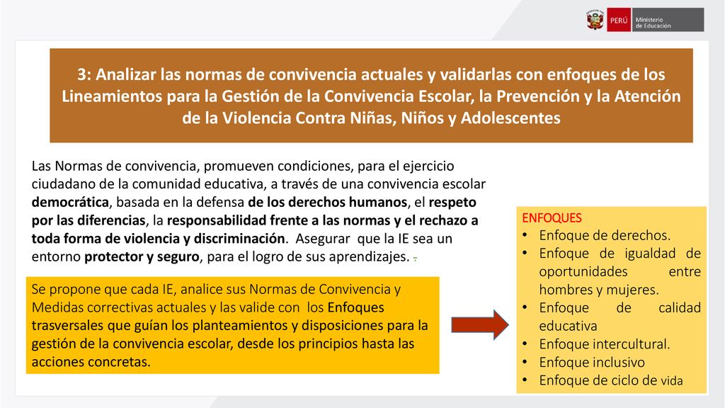3: Analizar las normas de convivencia actuales y validarlas con enfoques de los Lineamientos para la Gestión de la Convivencia Escolar, la Prevención y la Atención de la Violencia Contra Niñas, Niños y Adolescentes